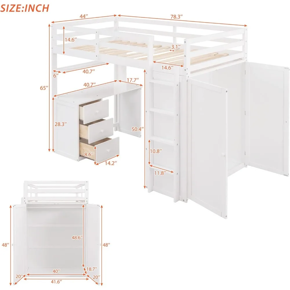 Hoog Twin-size hoogslaper met bureau en kledingkast, massief houten hoogslaperframe Twin met opbergladen voor kinderen tieners volwassenen, nr