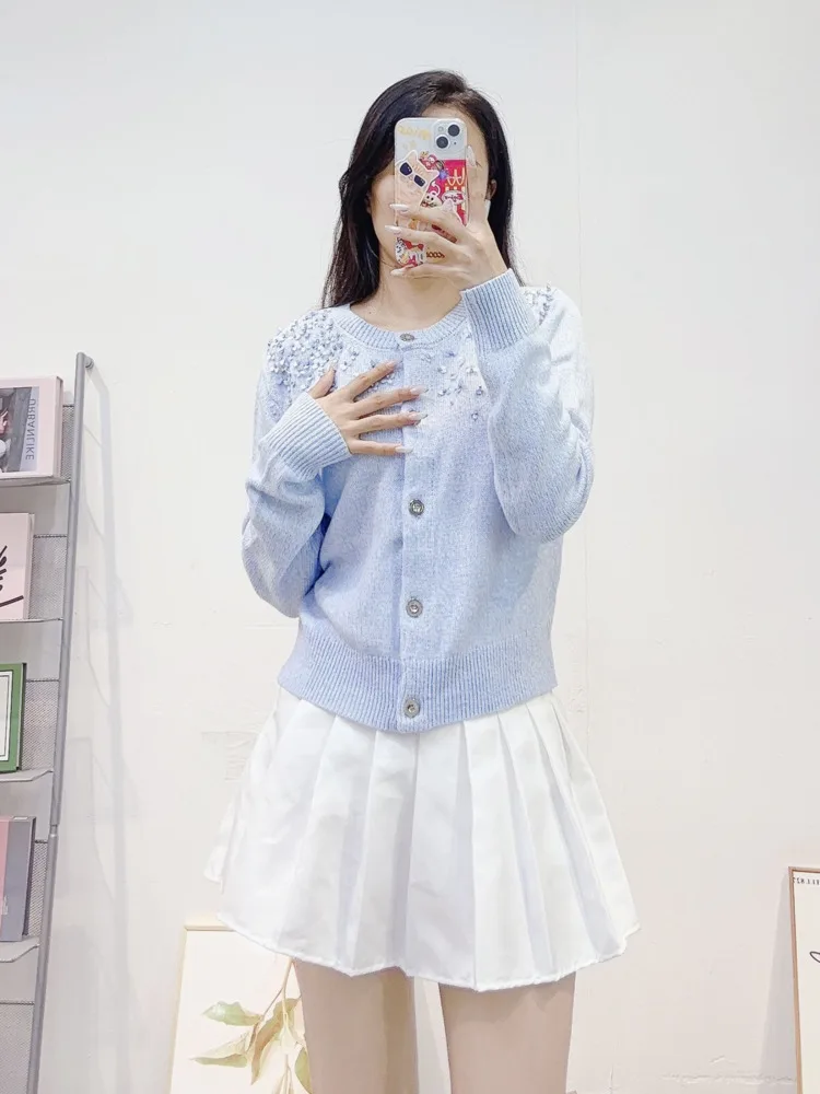 CHUJIE Cárdigan de punto estilo suave otoño 2025, top de manga larga con cuello redondo, parte delantera con botones de lentejuelas y cuentas - Rosa / Azul Opcional.