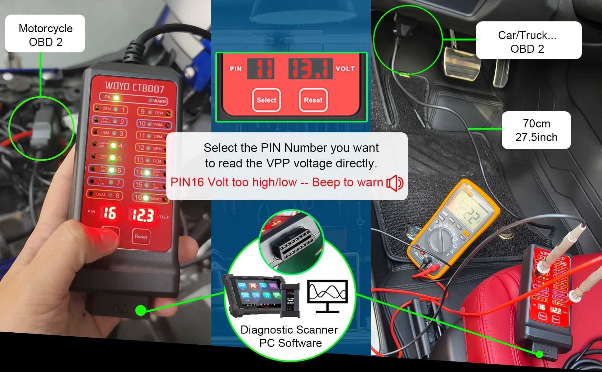 WOYO CTB007 Auto OBD2 diagnosegerät für alle fahrzeuge OBD16-poligen digitalen Spannungs tester obd-ii diagnosewerkzeuge Breakout Box mit 29,5 Zoll/59 Zoll obdii Verlängerung kabel – Detail 8