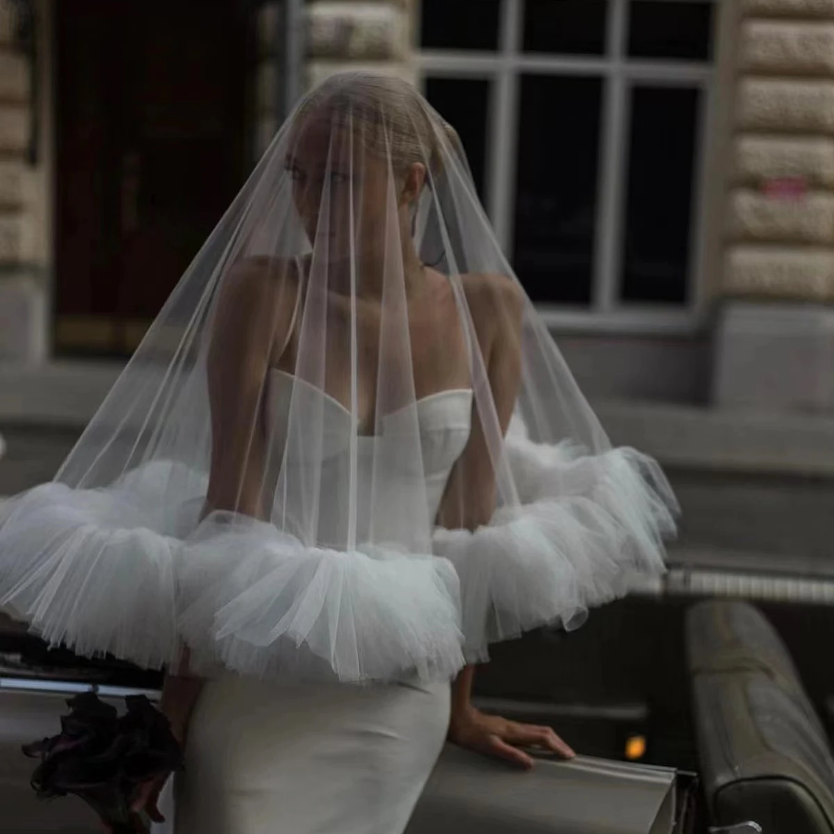 Velo de novia elegante LA017, velo de tul suave con borde con volantes que cubre la cara, tocado blanco hecho a mano, velo para vestido de novia