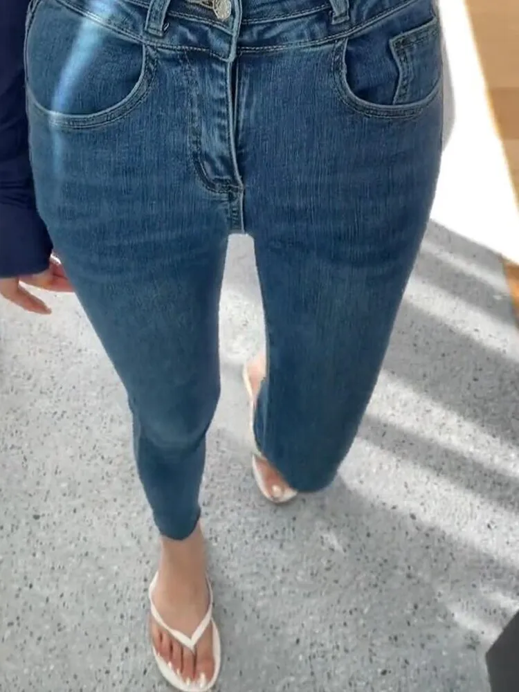 

Модные синие джинсы с высокой талией из эластичного денима, корейские облегающие брюки-карандаш длиной 7/8, женские летние хлопковые стрейчевые брюки