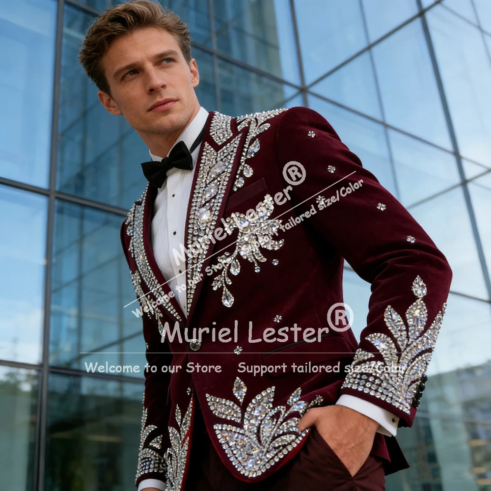 

Sparkling Diamond Beaded Wedding Suits For Men Burgundy Jacket Trousers 2 Piece Sets Groom Formal Occasion Tuxedos Customized