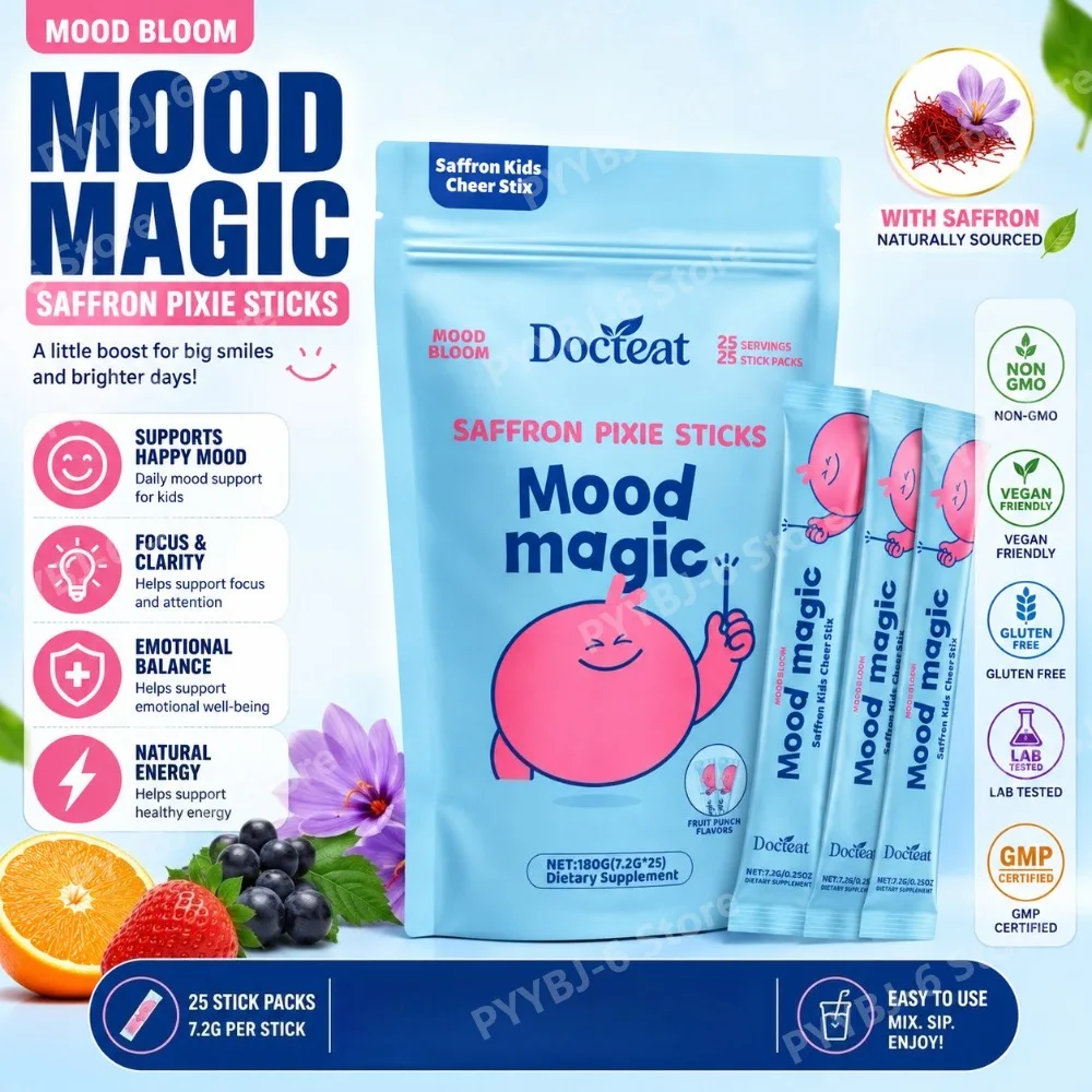 Docteat Saffron Pixie Sticks Kids Powder 25 Servings Passion Flower Lemon Balm Extracts Vitamin D Magnesium No Unpleasant Taste