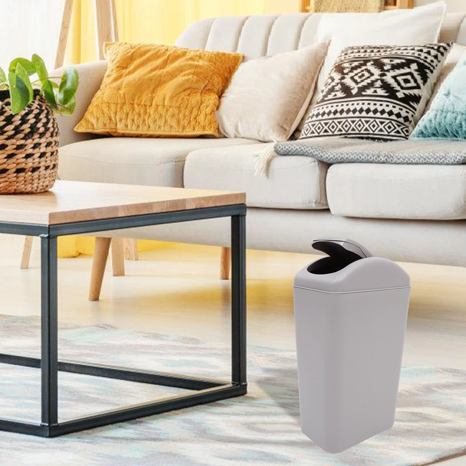 

12L Narrow Swing Lid Trash Can Shallow Gray Heavy Duty Waste Bin Kitchen Bathroom Home Office Space Saving Smooth