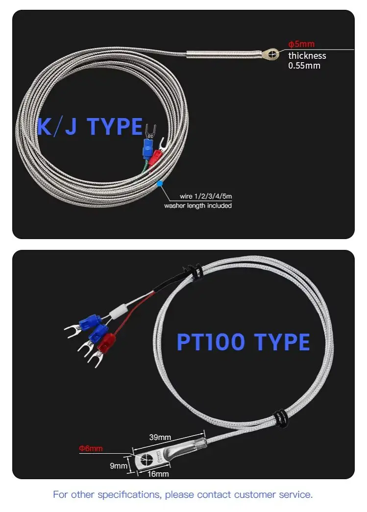 Thermocouple VaneAims Type K J PT100 Capteur de température, Rondelle de trou de 5mm, Câble tressé pour contrôleur de température, 0.5 m, 1 m, 2 m,