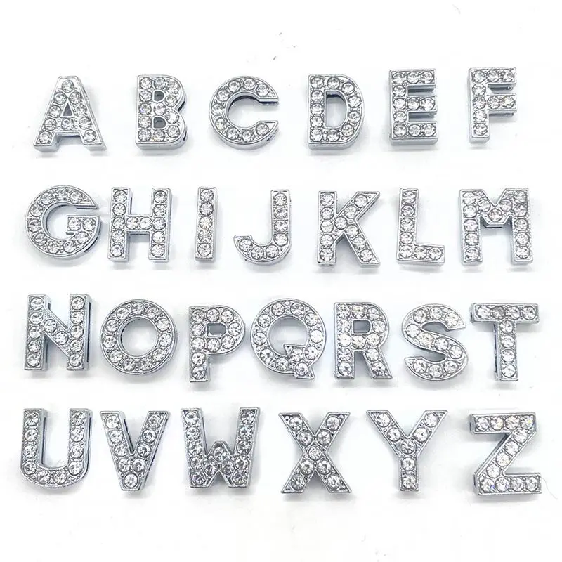 Schuh Charms Glitter Strass Buchstabe Silber Kristall Alphabet DIY Legierung Schuh Dekorationen Schmuck Slider Armband Armbänder – Detail 3
