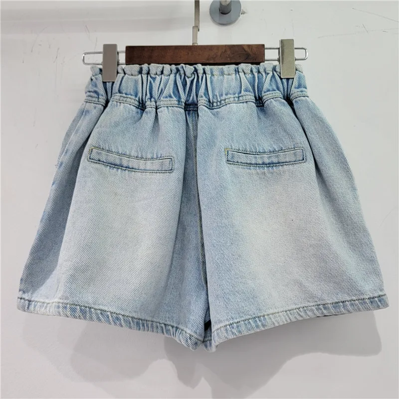 European Station Summer New Heavy Handmade Colorful Crystals Elastic High Waist Shorts Fashion Loose Denim Wide Leg Short Pants