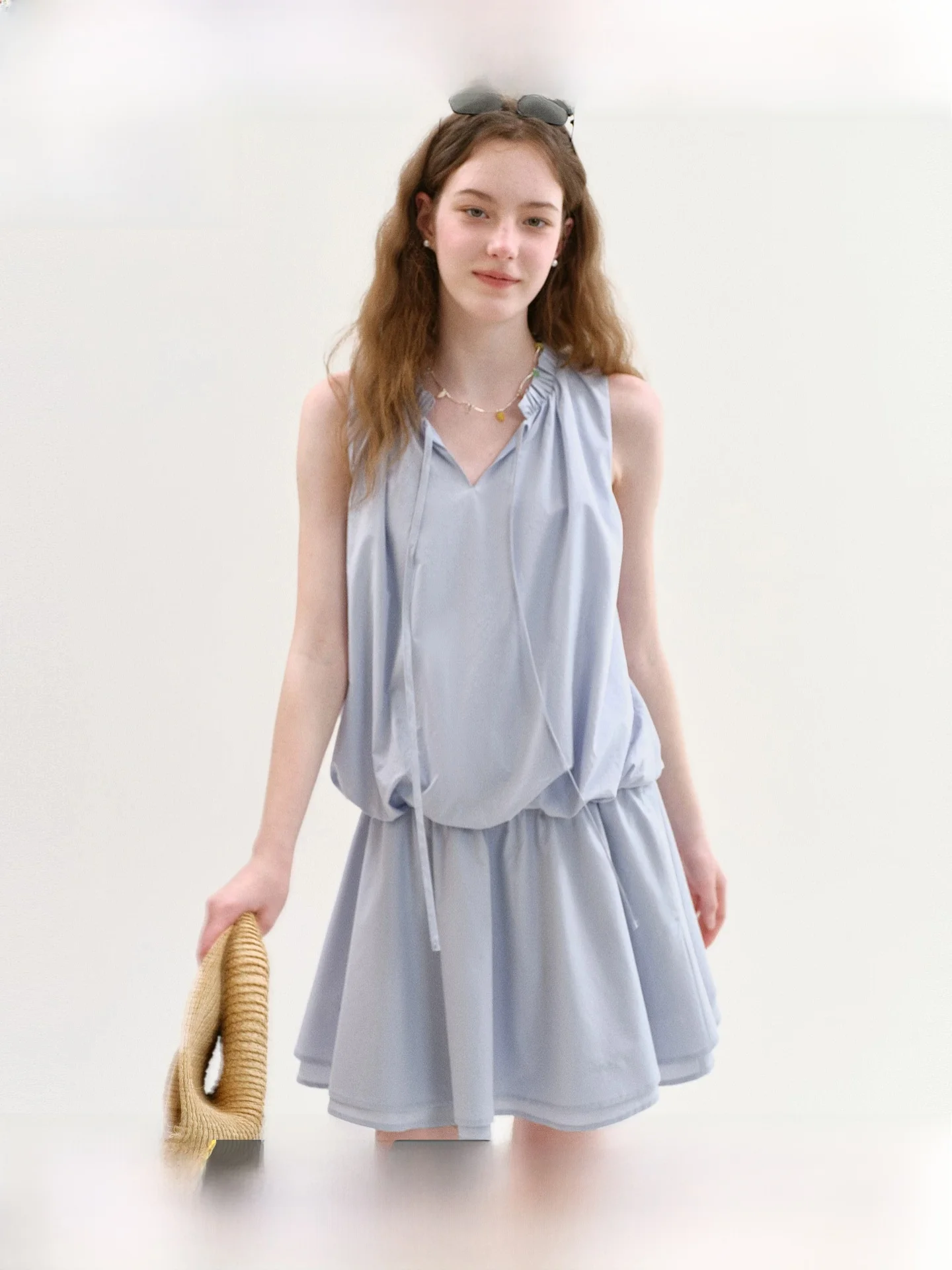 

Летнее платье-жилет Fano нового стиля, женское, свободное, с оборками, с поясом, короткое, для повседневной носки, с V-образным вырезом, из полиэстера