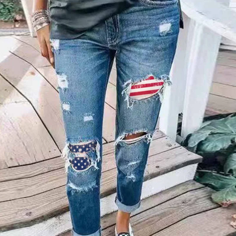 Spot Amazon Wish Celana Lurus Hari Kemerdekaan Wanita Eropa dan Amerika Celana Jeans Wanita Print Robek Celana Jeans Wanita