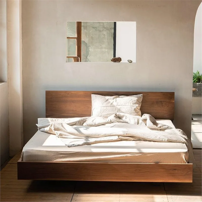 

Customizable Nordic Full Solid Wood Double Bed Black Walnut Japanese Simple Air Pressure Box