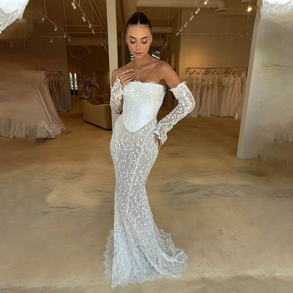 فستان زفاف مكون من قطعتين مزين بالدانتيل اللامع وأكمام طويلة قابلة للفصل مصنوع حسب الطلب 2026 Rode De Morrie