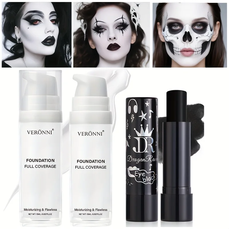 Set cosplay di Halloween con fondotinta liquido bianco e rossetto nero, adatto per adulti, finitura opaca, lunga durata per tutti i tipi di pelle