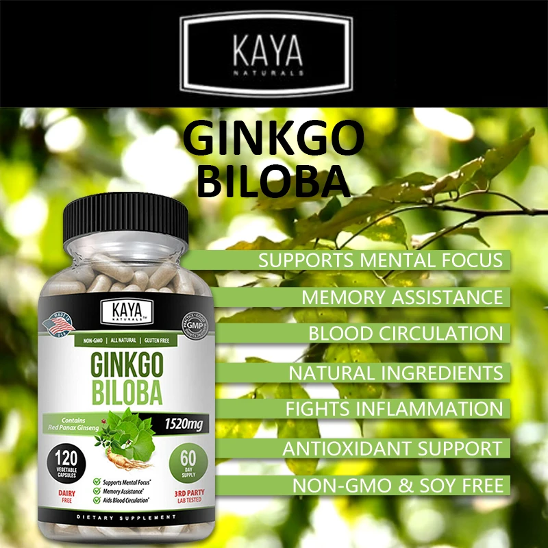 Ginkgo Biloba Extract Capsules - for Brain, Antioxidants, Blood Circulation, Mental Focus Memory Health Supplement - Non-GMO