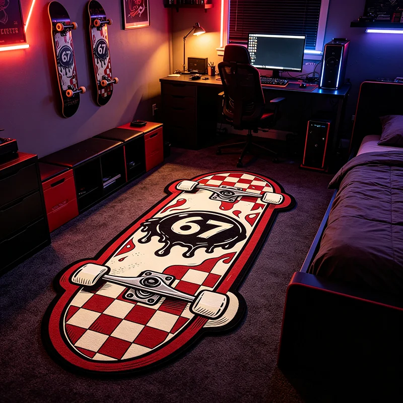 Retro Skateboard Shaped Rug Cool Street Unique Floor Mat Creative Checkerboard Plush Carpet for Gaming Room Bedroom Bedside