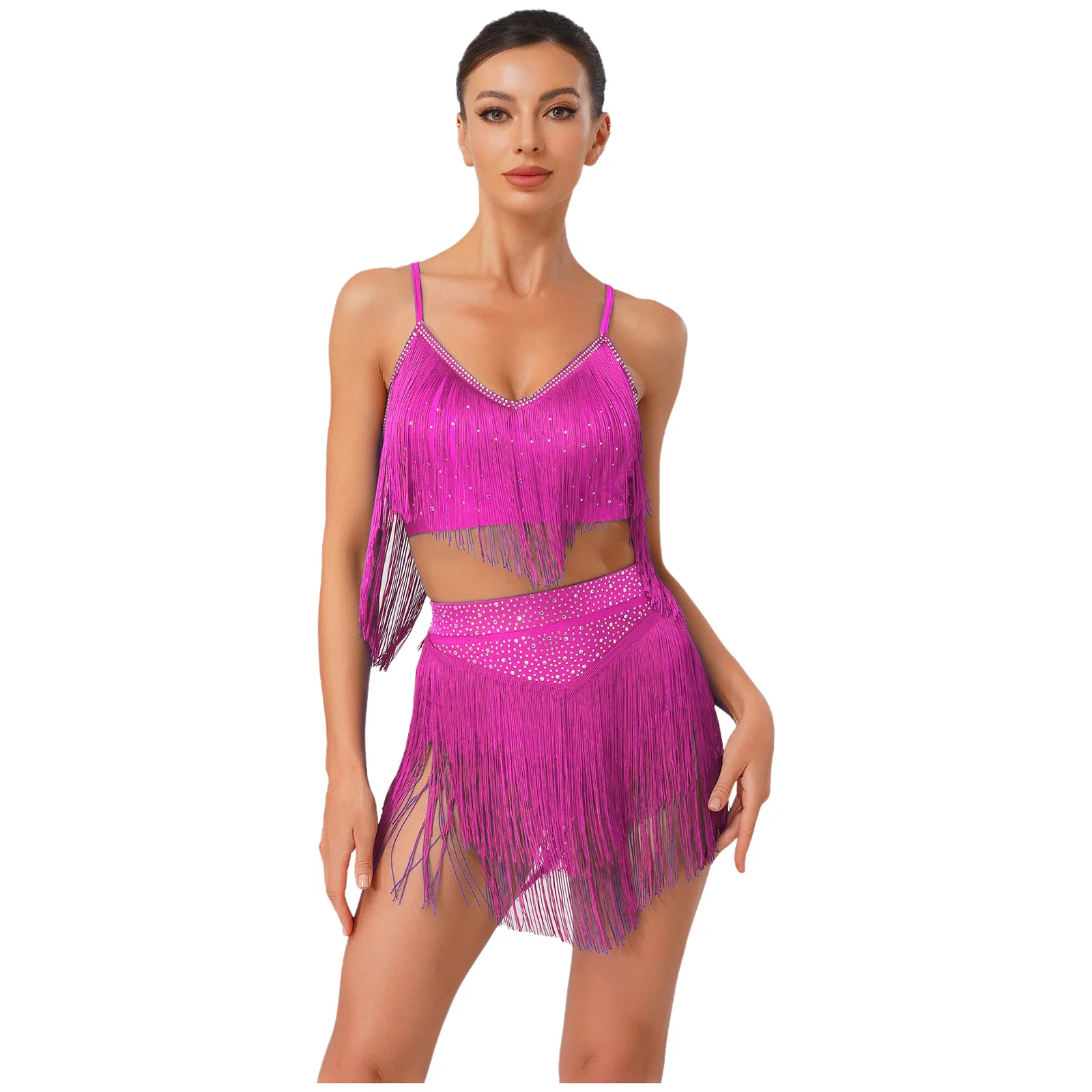 Women Latin Salsa Dance Costume Samba Rumba Cha-cha Tango Performance Outfit Sleeveless Fringe Crop Top with Tiered Tassel Skirt