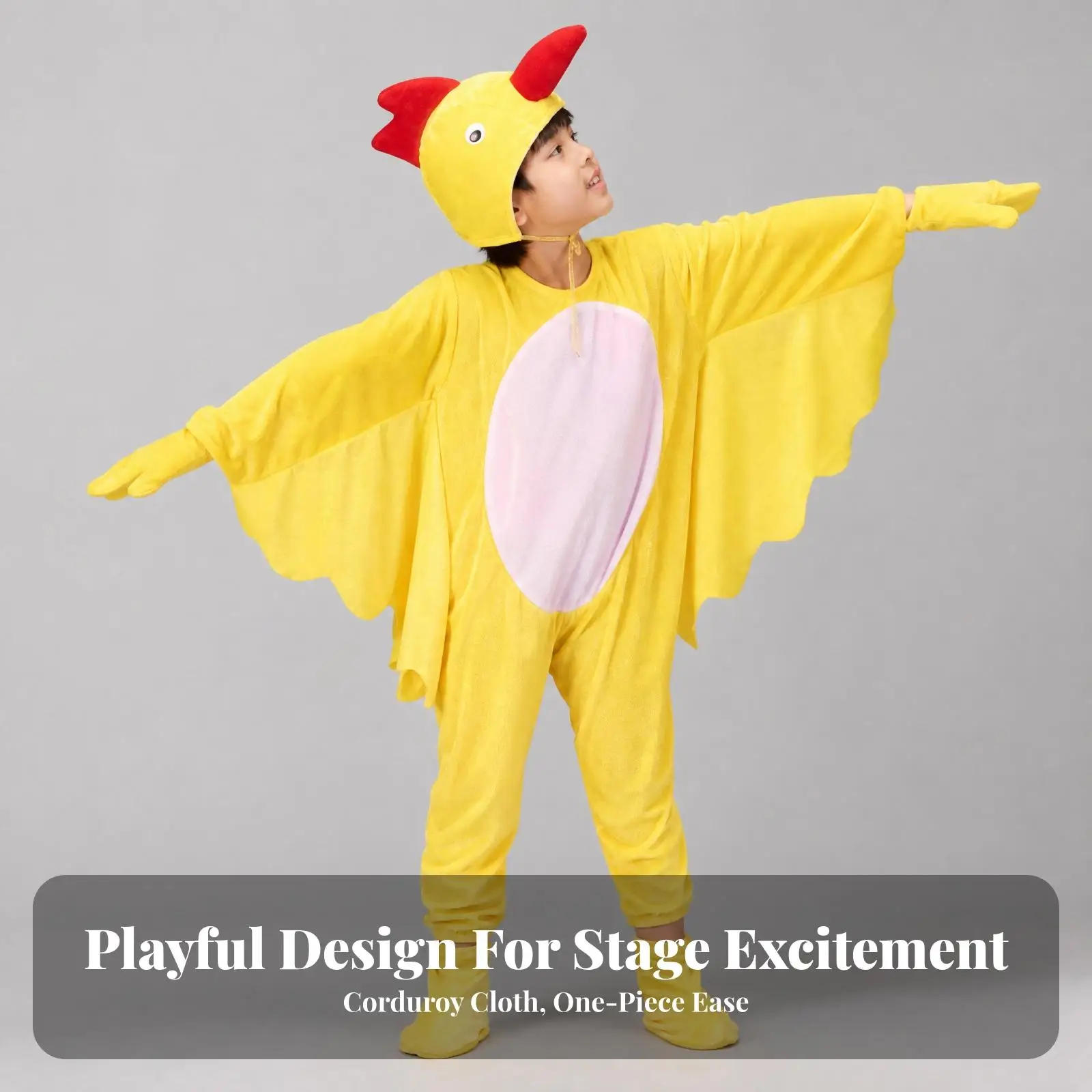 Kids Corduroy Bird Performance Suit Yellow Hooded Jumpsuit for School Program Theater Carnival Outfit