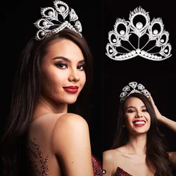 Miss Universe Crown Round Pearl Peakcock Feather Tiara Rhinestone Pageant Prom Crowns Bridal Wedding Hair Accessories Jewelry