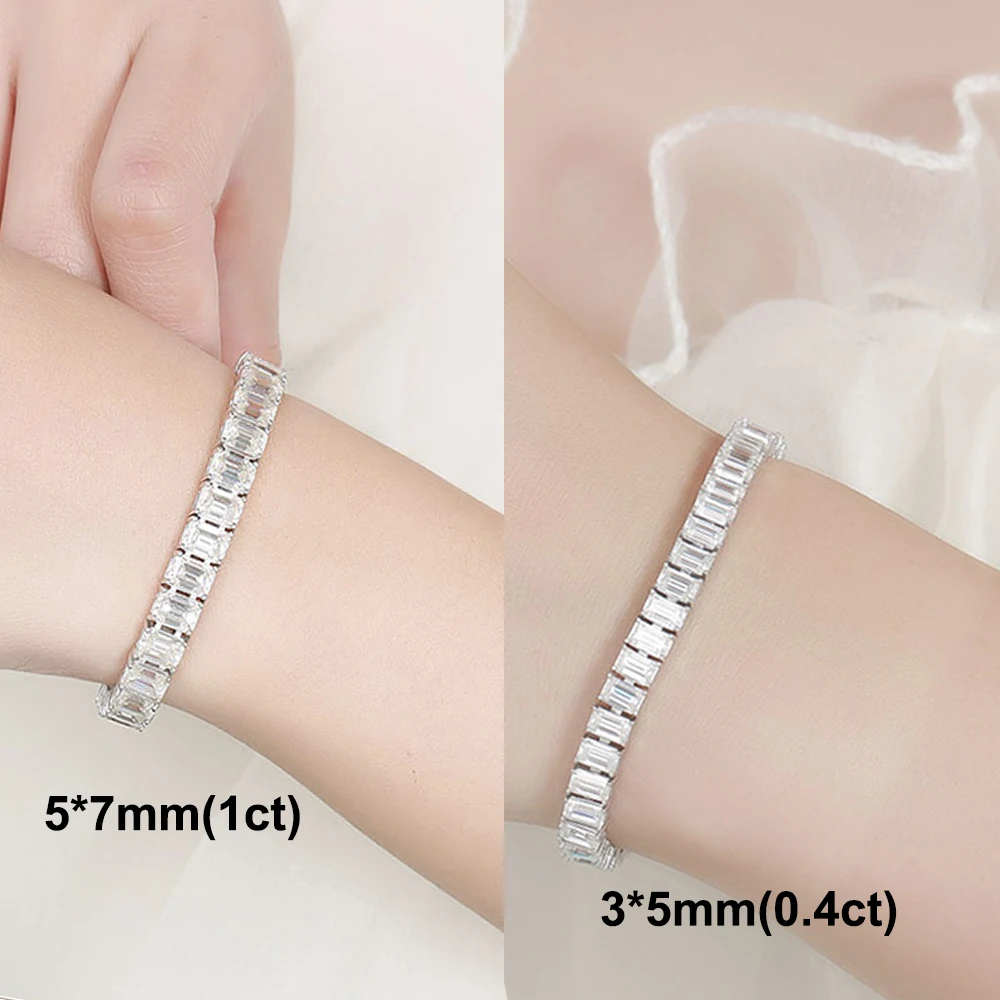 D Color 5*7mm 1CT Emerald Cut Full Moissanite Tennis Bracelets for Women Men Original S925 Silver Plated 18K White Gold Jewelry
