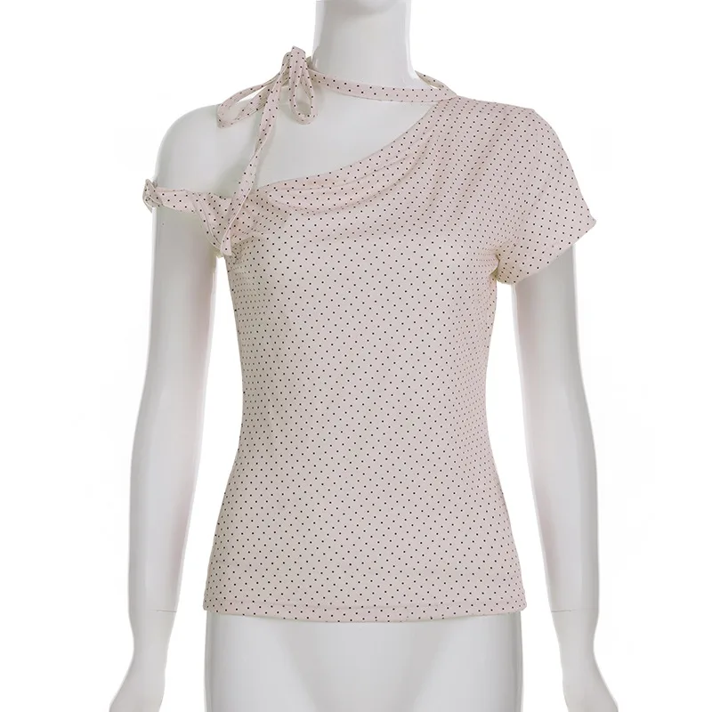 Damen Polka Dot Rückenfreies Neckholder-Top mit Knoten, Eng Anliegend, Kurzarm, Lässige Streetwear, Sexy Modisches T-Shirt-Oberteil – Detail 8