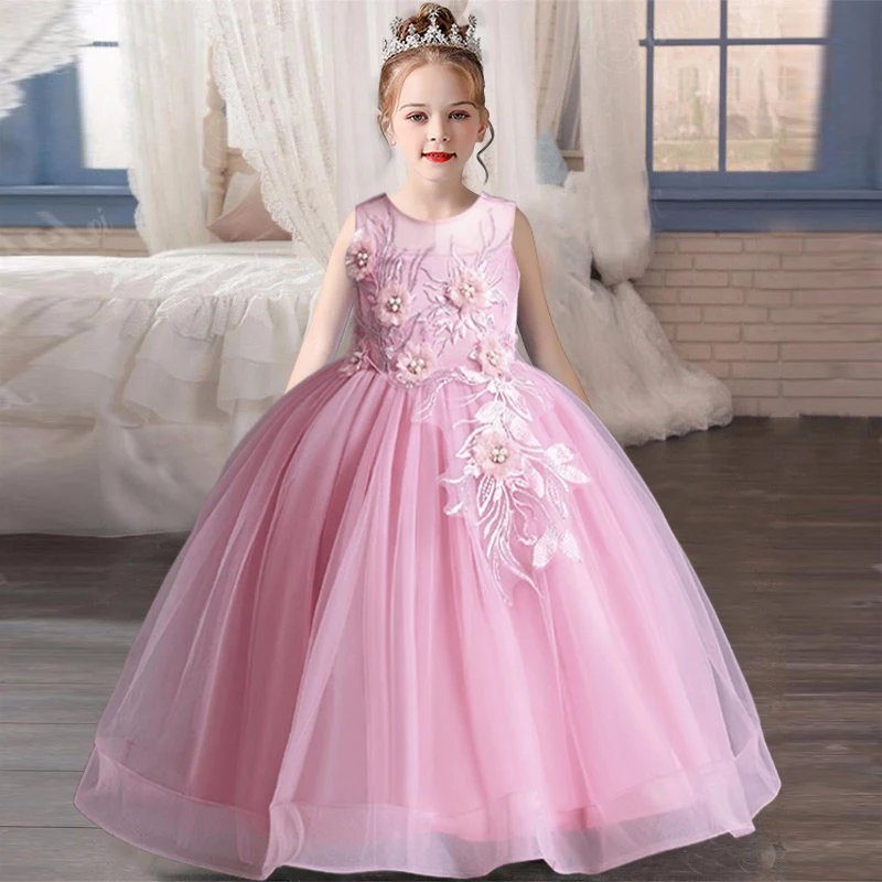 New mesh flower girl bubble sleeve wedding banquet girl formal evening dress Christmas birthday party girl princess dress