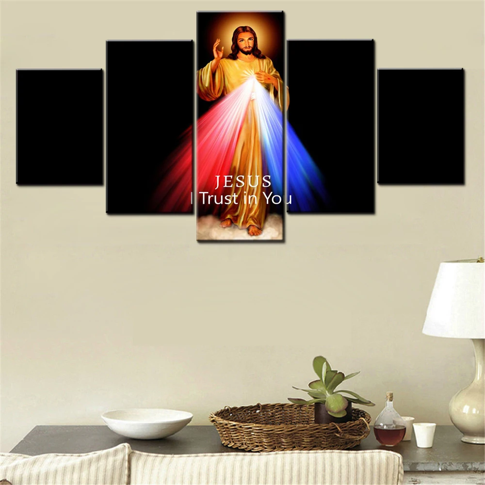 

5 Pieces Canvas Wall Arts Poster Painting Black Dark Jesus I Trust In You Wallpaper Home Decor Picture Printing For Living Room