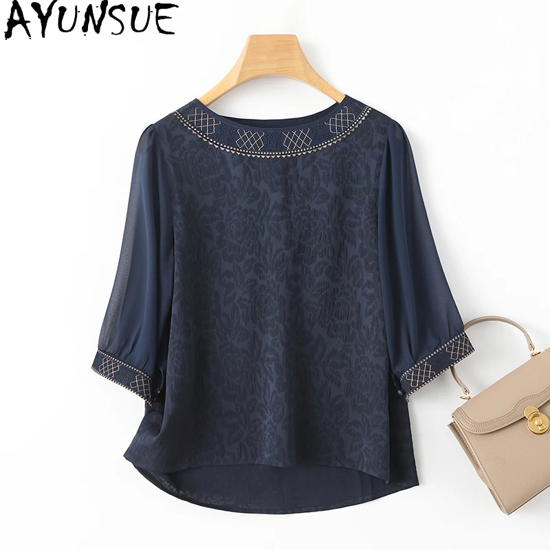 AYUNSUE 92% Natural Mulberry Silk Womens Shirts Loose Summer 2024 Women Clothes Embroidery Short Shirt Women Рубашка Женская