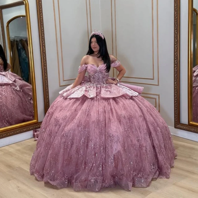 

Customized Shiny Pink Quinceanera Dresses Off the Shoulder decal crystal 3D flower Long tail Big Bow Vestido 15 Quinceanera