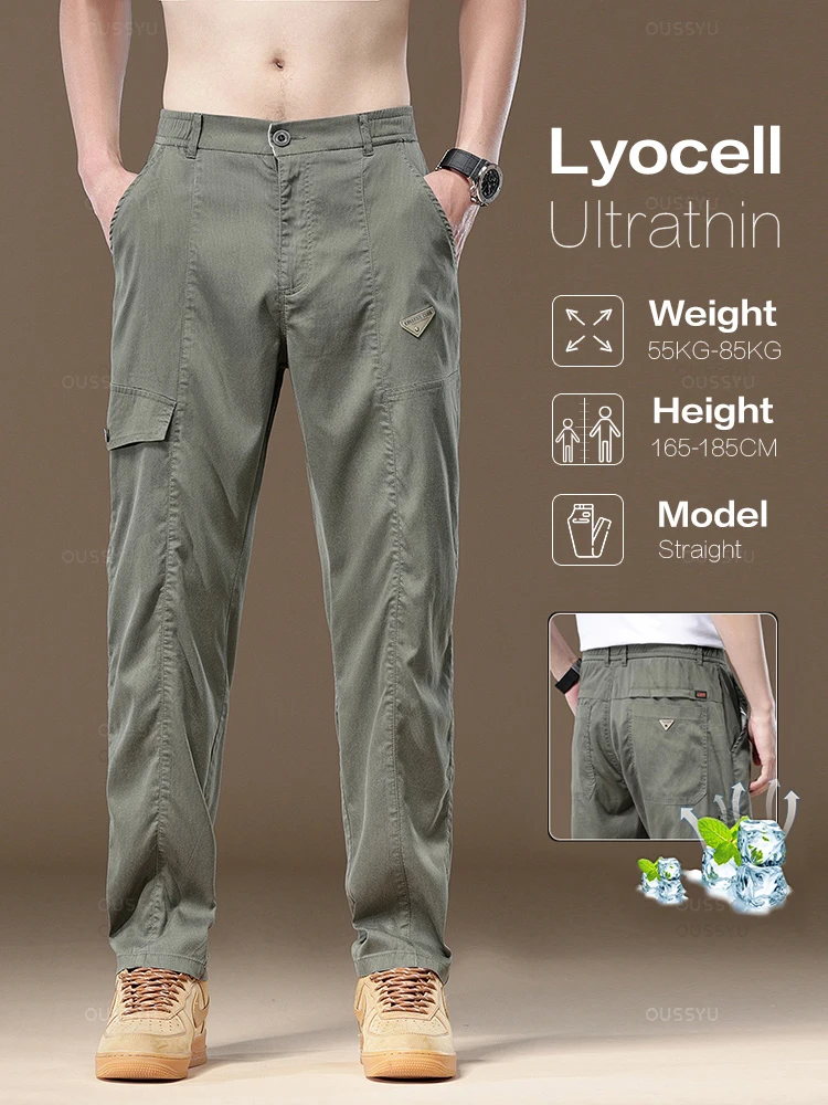 

Summer Soft Lyocell Fabric Men's Cargo Pants Solid Color Work Wear Elastic Waist Casual Pant Korean Outdoors Jogger Trousers Man