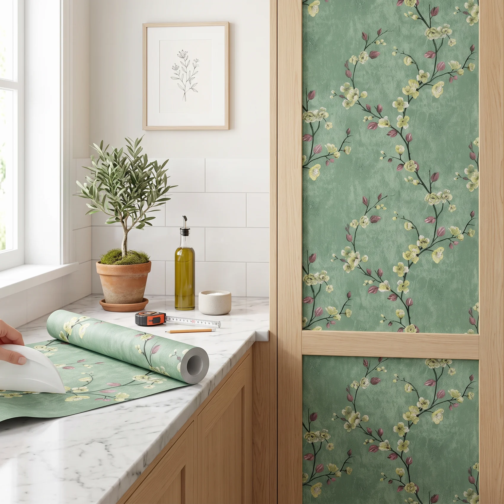 Vintage Green Floral Peel and Stick Wallpaper Self‑Adhesive Contact Paper Waterproof Removable Vinyl Film for Cabinet Home Decor
