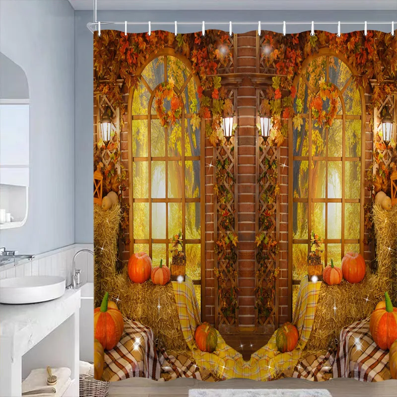 Autumn Barn Shower Curtain Haystack Pumpkin Maple Leaves Window Forest Landscape Bath Curtain Set Home Bathroom Decor with Hooks