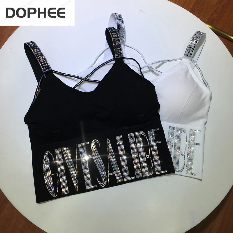 

Letters Hot Drilling Beautiful Back Camisole Chest Cross Adjustable Bra Tube Top 2022 New Fashion Cropped Tanks Tops