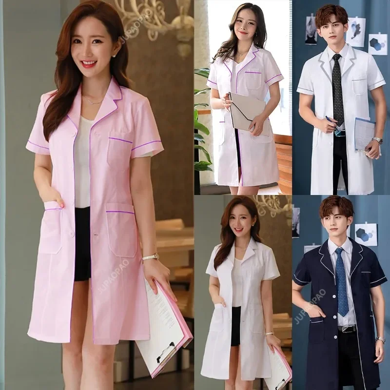 Men's White Coat Short-sleeved Women's Slim Korean Nurse Clothes Pharmacy Beauty Salon Work Clothes Wholesale Can Be Embroidered