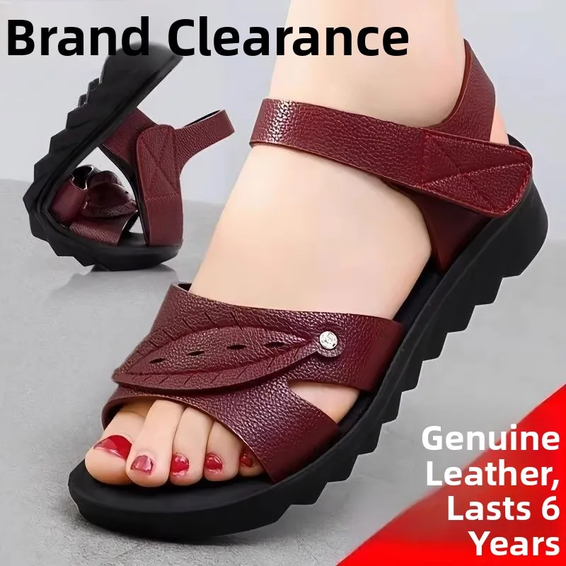 Soft Leather Flat Bottom Sandals Women's Summer New Style Anti-Slip Mom Casual Shoes Comfortable Soft Sole Mid-Aged And Elderly