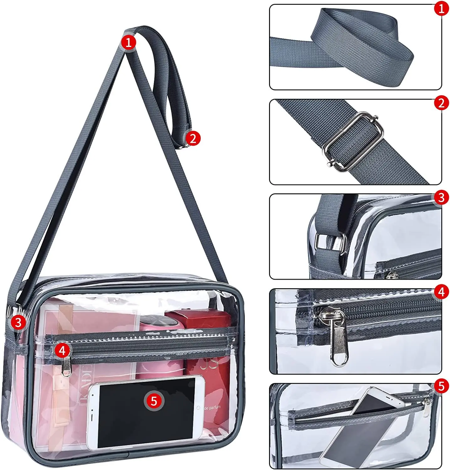 Klare Damen-Umhängetasche, Stadion, PVC, Konzert, transparente Geldbörse, einfache Umhängetasche mit Vordertasche, lässige Handtasche – Detail 10
