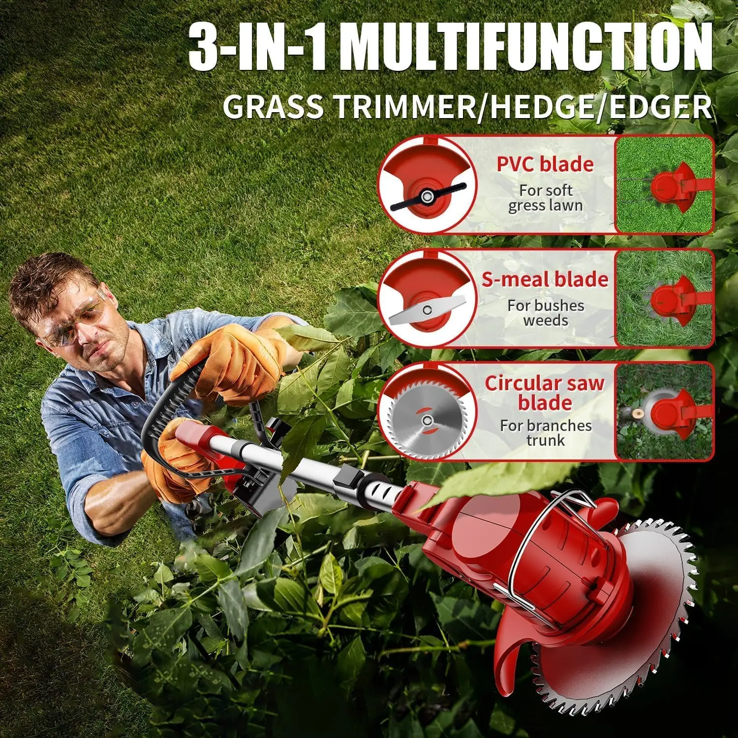 Electric Cordless, Stringless Weed Wacker 3 Types Blades 3 in 1 Lightweight Edger Brush Cutter Weed Trimmer Grass Trimmer Tools