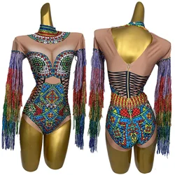 Sparkly Rhinstones Tassel Bodysuit High Street Strech Leotard Performance Dance Costume Nightclub Celebrate Stage Outfit Cizhuan