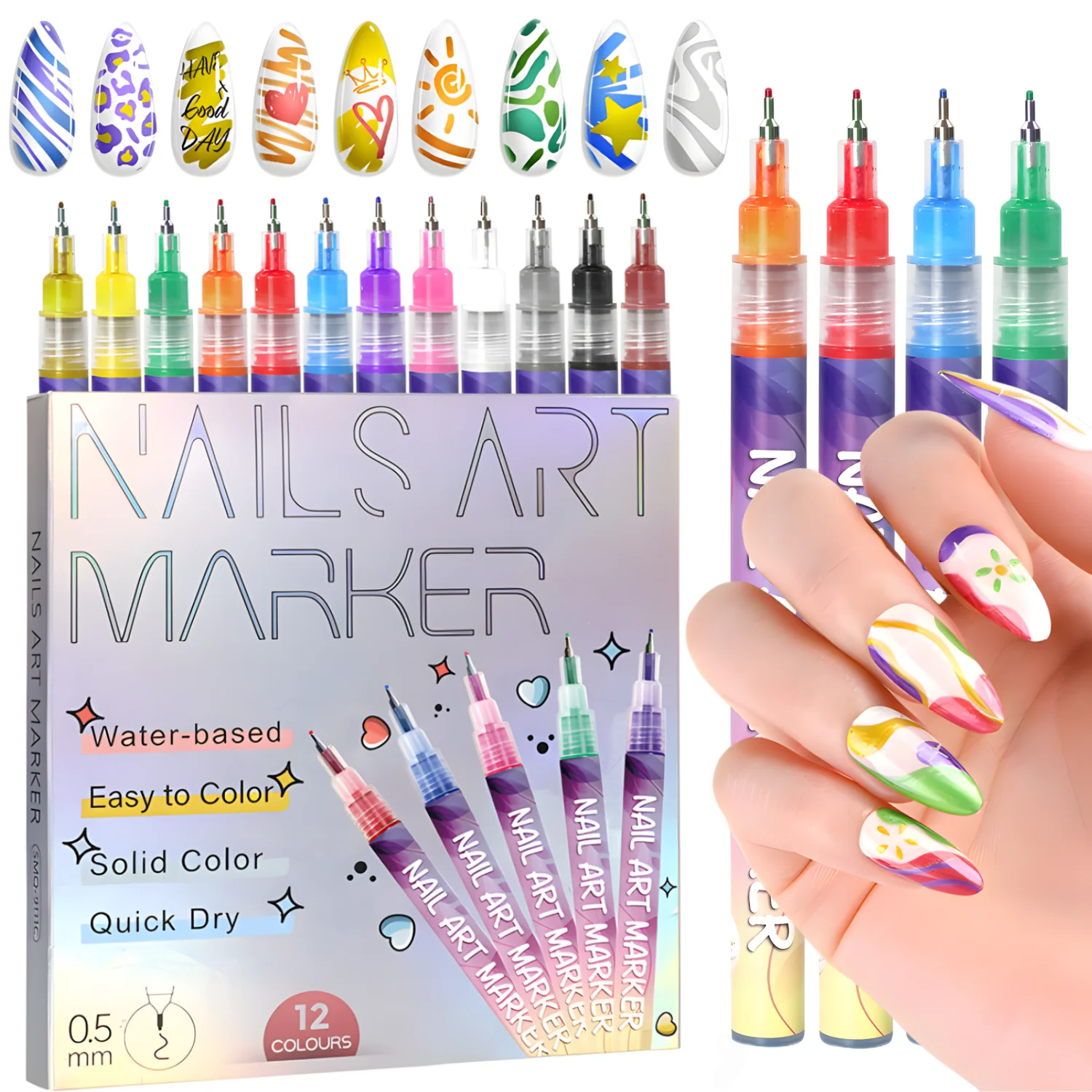 12 Color Nail Art Pens,0.5MM Nail Polish Pens Drawing Painting Point Liner Acrylic Painted Pen Kit, Waterproof and Quick-drying