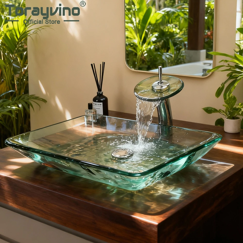 

TORAYVINO простой смеситель для раковины в ванной комнате, монтируемый на палубе, роскошное стекло, хромированный смеситель для горячей и холодной воды, набор раковин с шампунем и водопадом