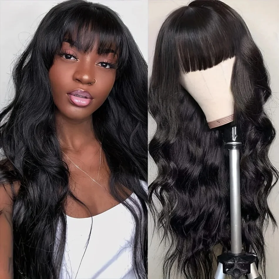 

Парик из натуральных волос Body Wave с челкой, полностью машинной работы, бразильский парик с фрингом, 3x1 HD кружевной парик для чернокожих женщин, 30-34 дюйма