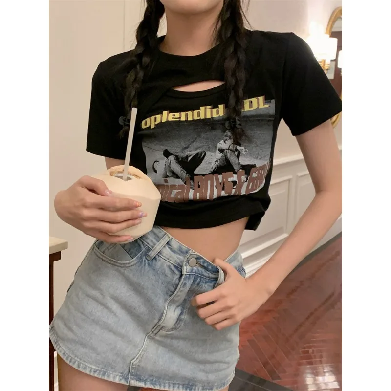 الجوف خارج المحاصيل الأعلى قصيرة الأكمام طاقم الرقبة تي شيرت تقليدي الصيف موضة المحملة للنساء Y2K مثير الأعلى كل مباراة الشارع الشهير جديد