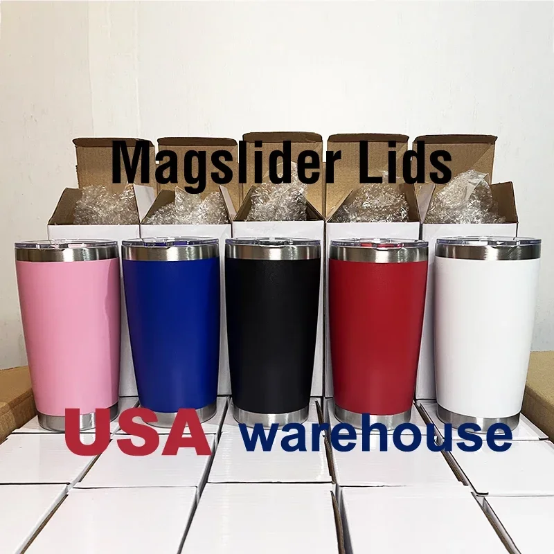 US Warehouse 20 oz  Coffee Water Tumbler Mugs Powder Coating Beer Travel Mug Cup  Insulated Metal Wine Mug With Magslider Lids