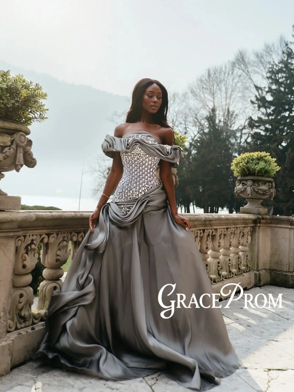 

Новое блестящее вечернее платье с длинными рукавами и стразами, серое, с открытыми плечами, для свадебных торжеств, на заказ, роскошное, элегантное, для красной дорожки