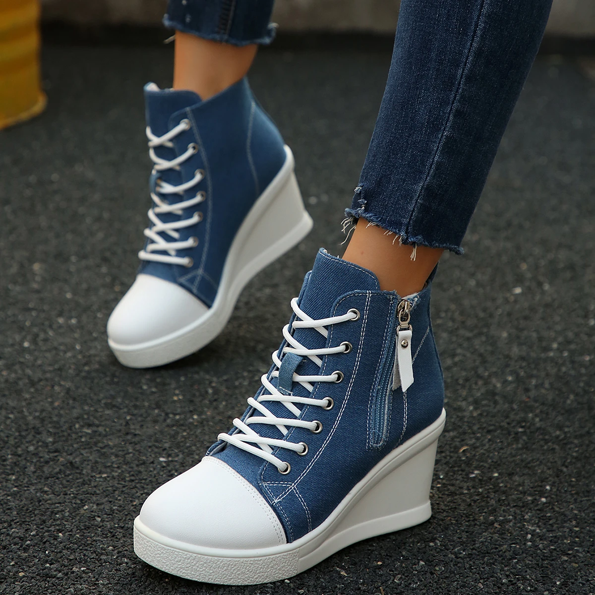 Fashion Denim Blue Canvas Shoes Women 2025 Autumn Metal Zip Decoration Lace Up Wedge Heel Pumps Casual High Heel Ankle Shoes view 6