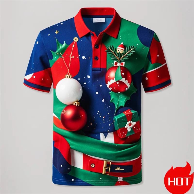 Funny 3D Cute Santa Claus Xmas Printed Polo Shirt For Men Happy Christmas Graphic Merry Christmas Graphic  Shirts & Blouses Polo