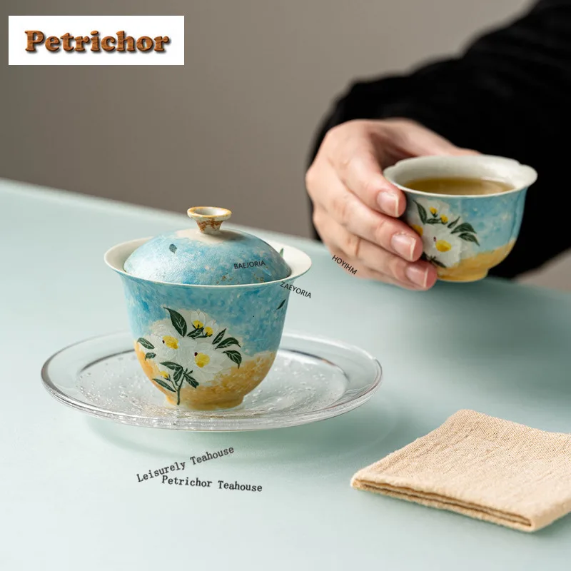 HOYIHM Hand-painted Gardenia Travel Tea Set Kit Retro 1 Bowl 2 Cups Tea Making Organizer Portable Picnic Tote Bag Accessories
