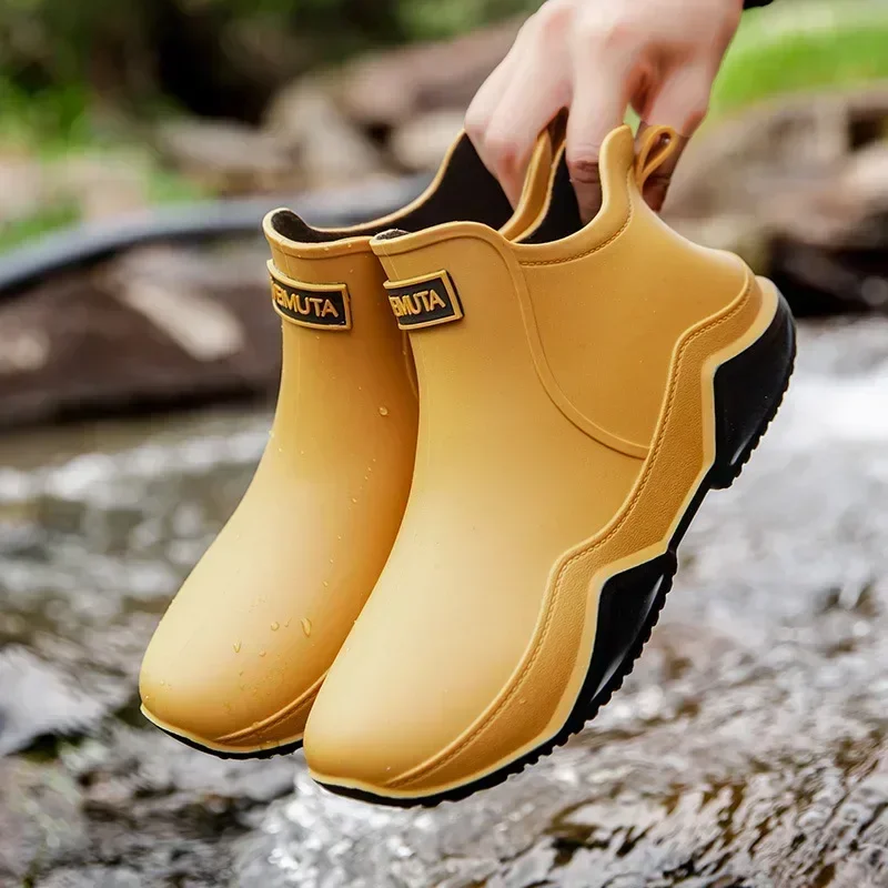 Men Black High Top Ankle Boots for Rain Casual Flat Rainboots for Men Fashion Rubber Rain Boots Waterproof Shoes Size 36-44