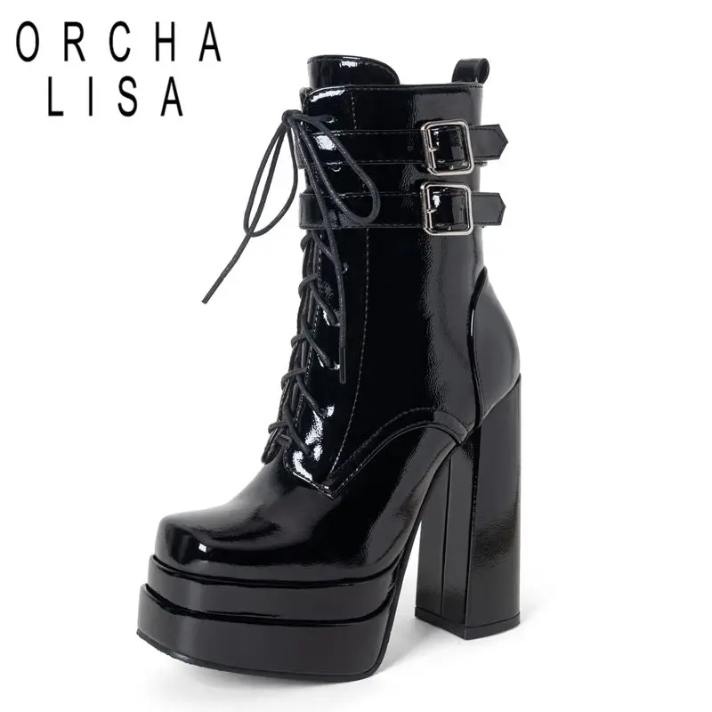 

ORCHA LISA Роскошные женские ботильоны с квадратным носком на массивном каблуке 14 см, двойная платформа, молния, шнуровка, пряжки ремня, большой размер 43 44 45