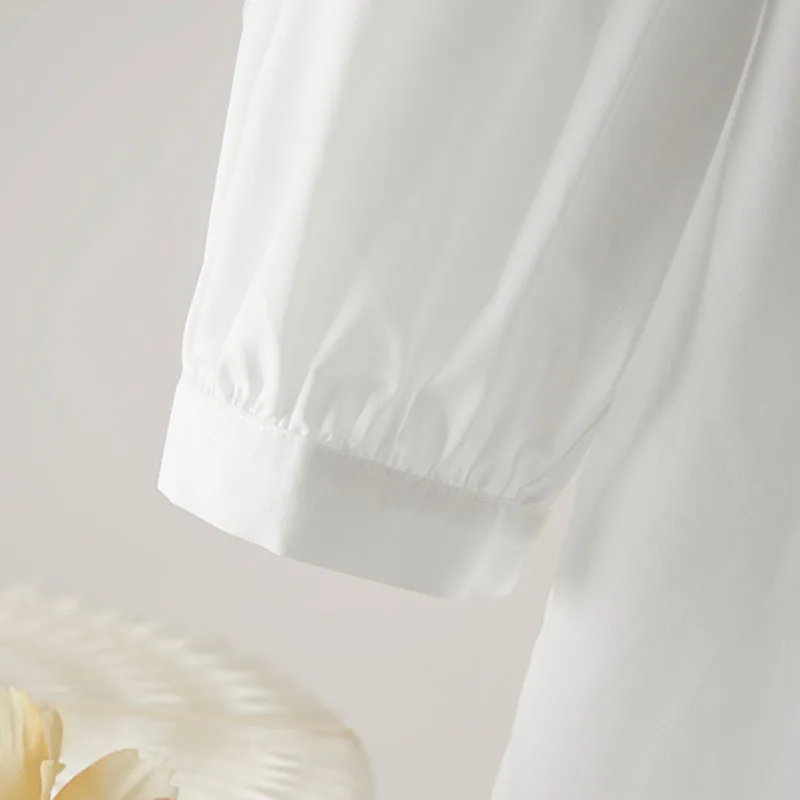 Elegant Embroidery White Shirts For Women Spring Summer Casual  Office Lady Three Quarters Sleeve BlouseWoman O Neck Tops Mujer