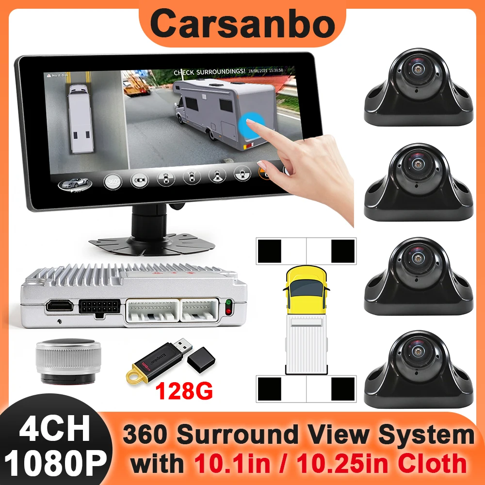Carsanbo RV Bus Truck 360 Surround View System 4CH 3D Bird Eye View Panoramic Camera 1080P with WDR DVR Recorder Parking Monitor