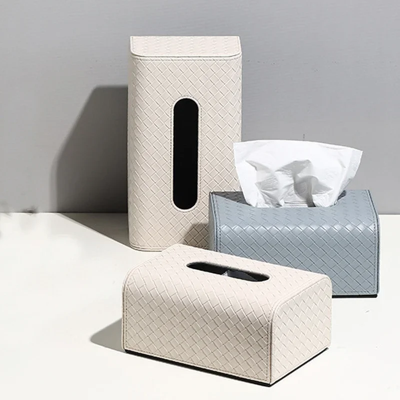 Rectangle Leather Tissue Box Creative Woven Grid Imitation Leather Extractable Tissue Box Home Bedroom Living Room Decoration